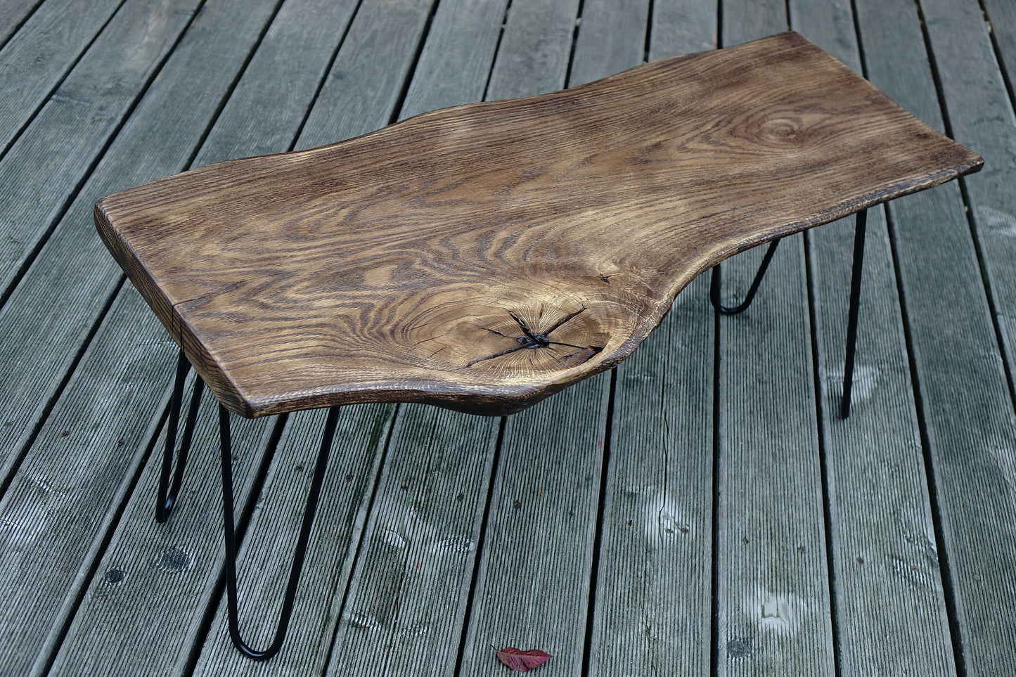 burned wood coffee table, charred wood live edge couch table uk, hairpin legs dining bench, accent table, natural living room eating bench