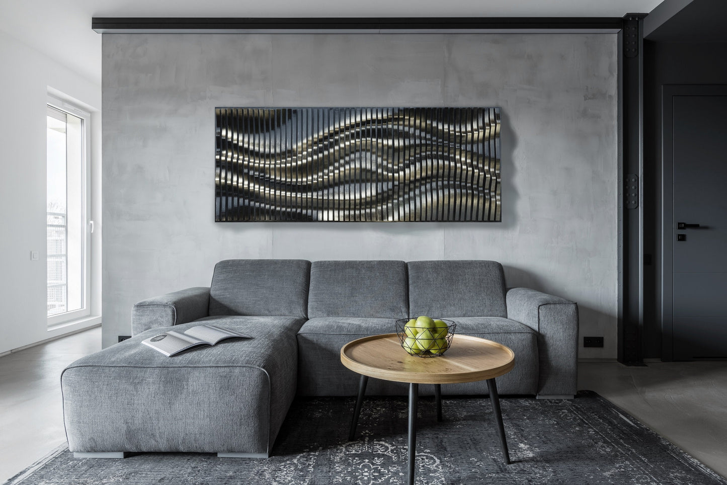 Œuvre murale paramétrique noire et dorée composée de lattes en bois, décor mural texturé fait main, pièce murale géométrique contemporaine