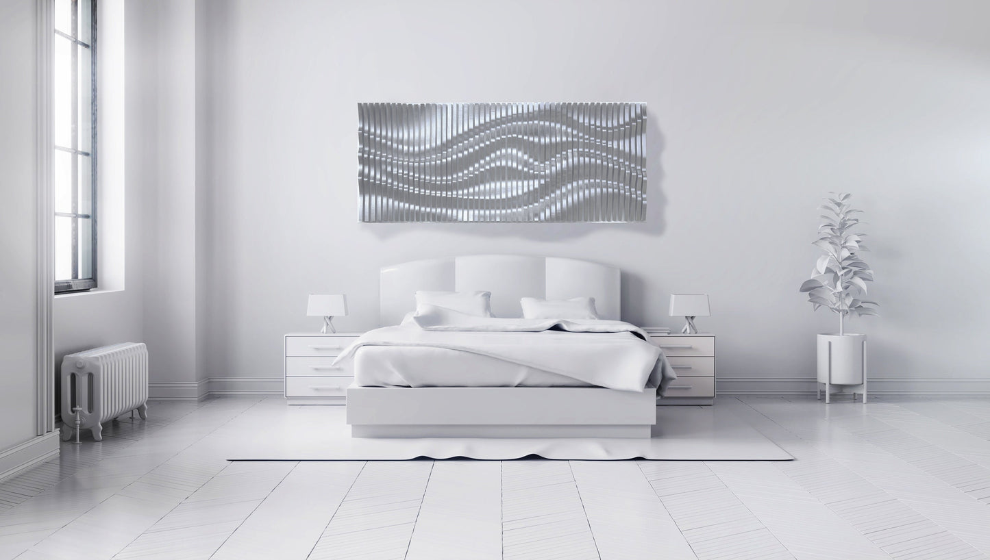 Silver wavy wood wall décor made of slats, acoustic wall panel, 3d wall sculpture, contemporary parametric wall piece, sound wave art