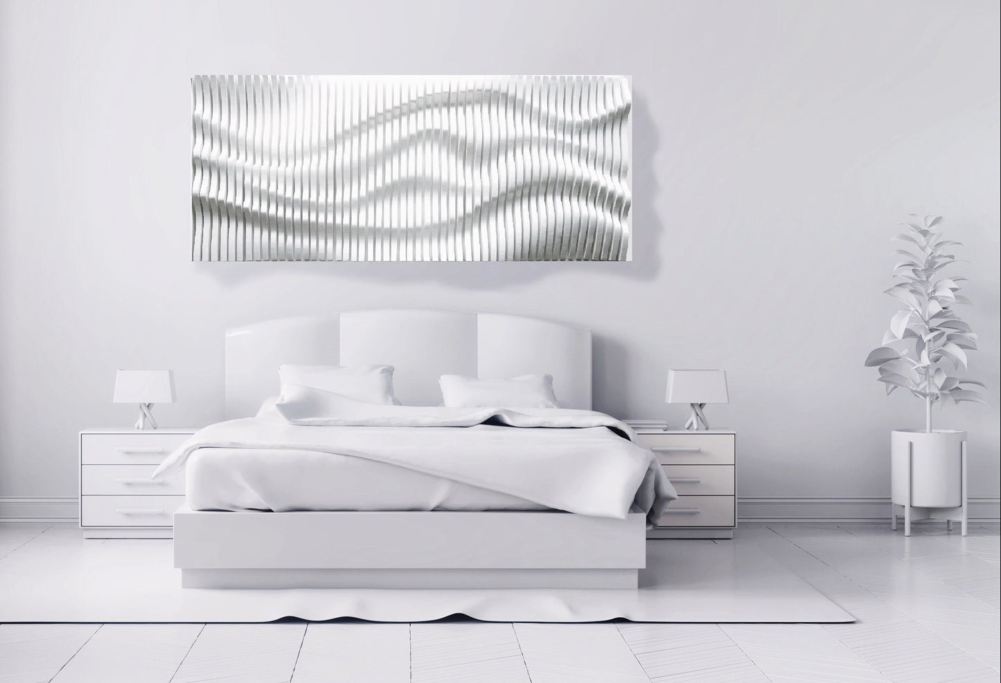 Weiße gewellte holzwanddekoration aus latten, Schallabsorber, 3D gewellte Wandskulptur, geometrische Wanddekoration, parametrische wandkunst