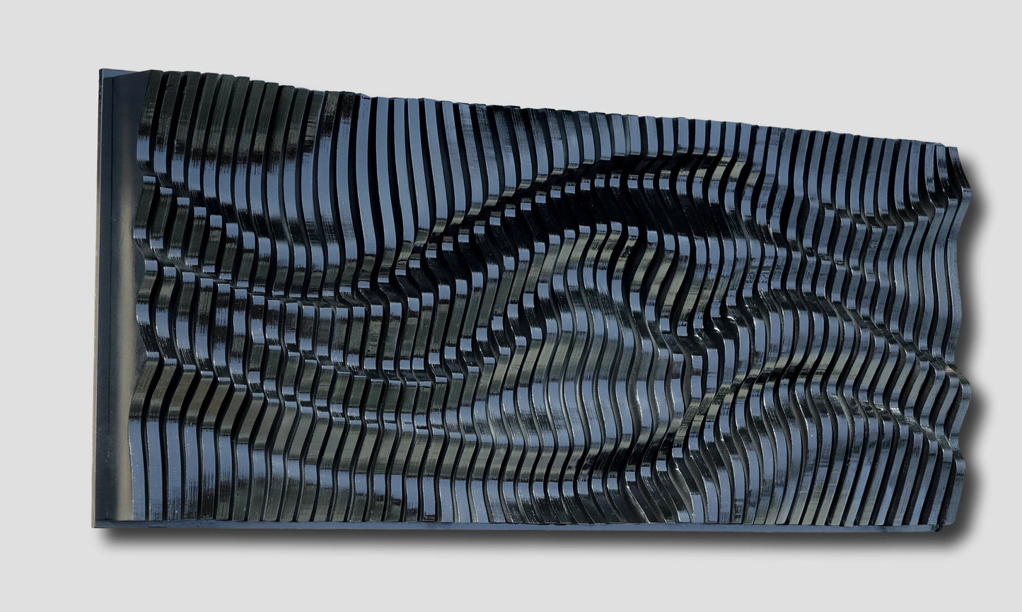 Art mural paramétrique noir brillant composé de lattes de bois, diffuseur sonore, sculpture murale ondulée 3d, décoration murale géométrique