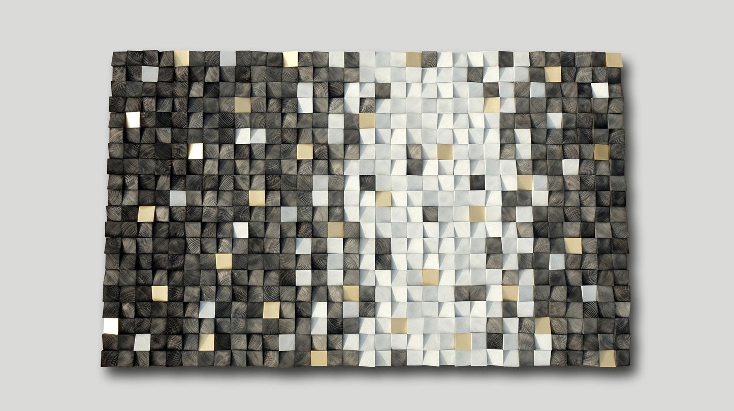 Gray and gold wood block 3d wall art, hues of grey wood wall decor, large wall art, xxl wooden wall decor, sound diffuser, wood headboard