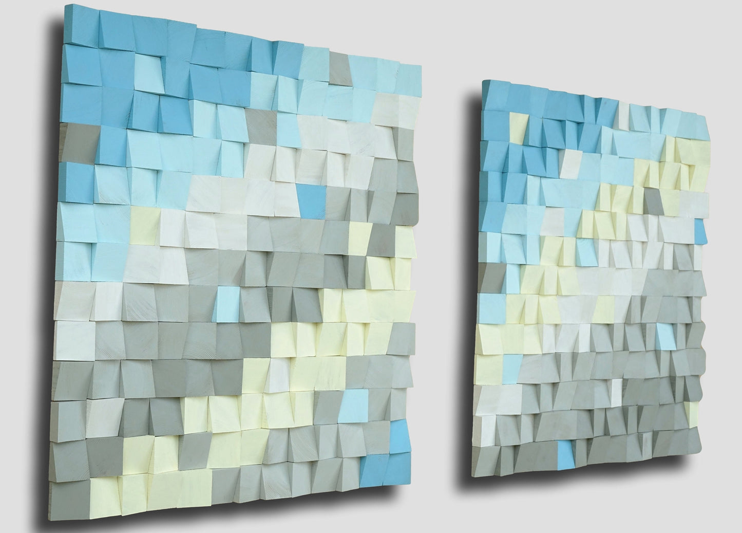 Square wall art, wooden wall decor in gray, blue, yellow, white, wooden wall hanging, coastal wood wall art,abstract geometric wall painting