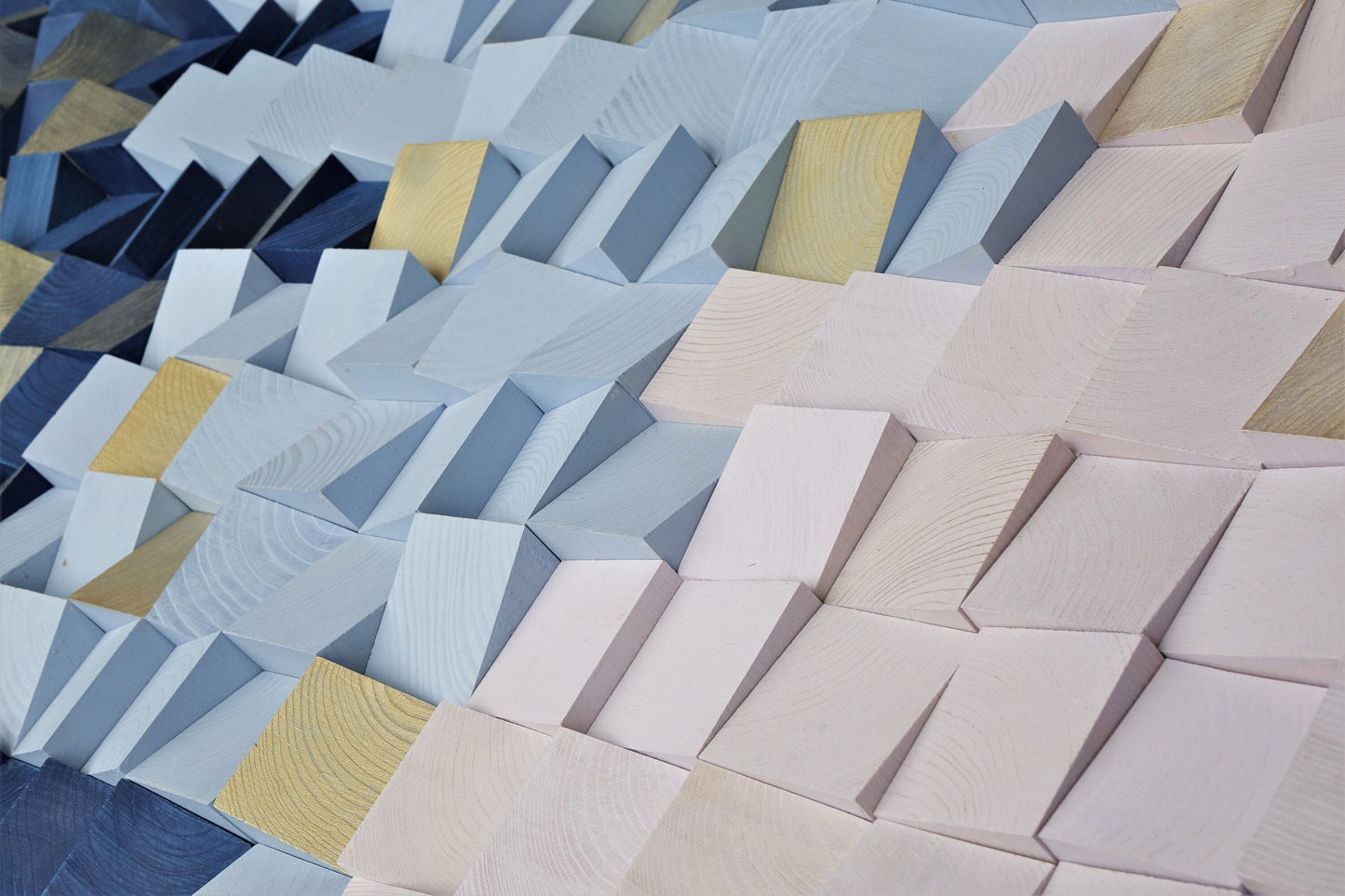 Contemporary 3d wood block art in shades of blue. goldwashed blue pink wood wall art. deep blue gold pink wooden wall mosaic