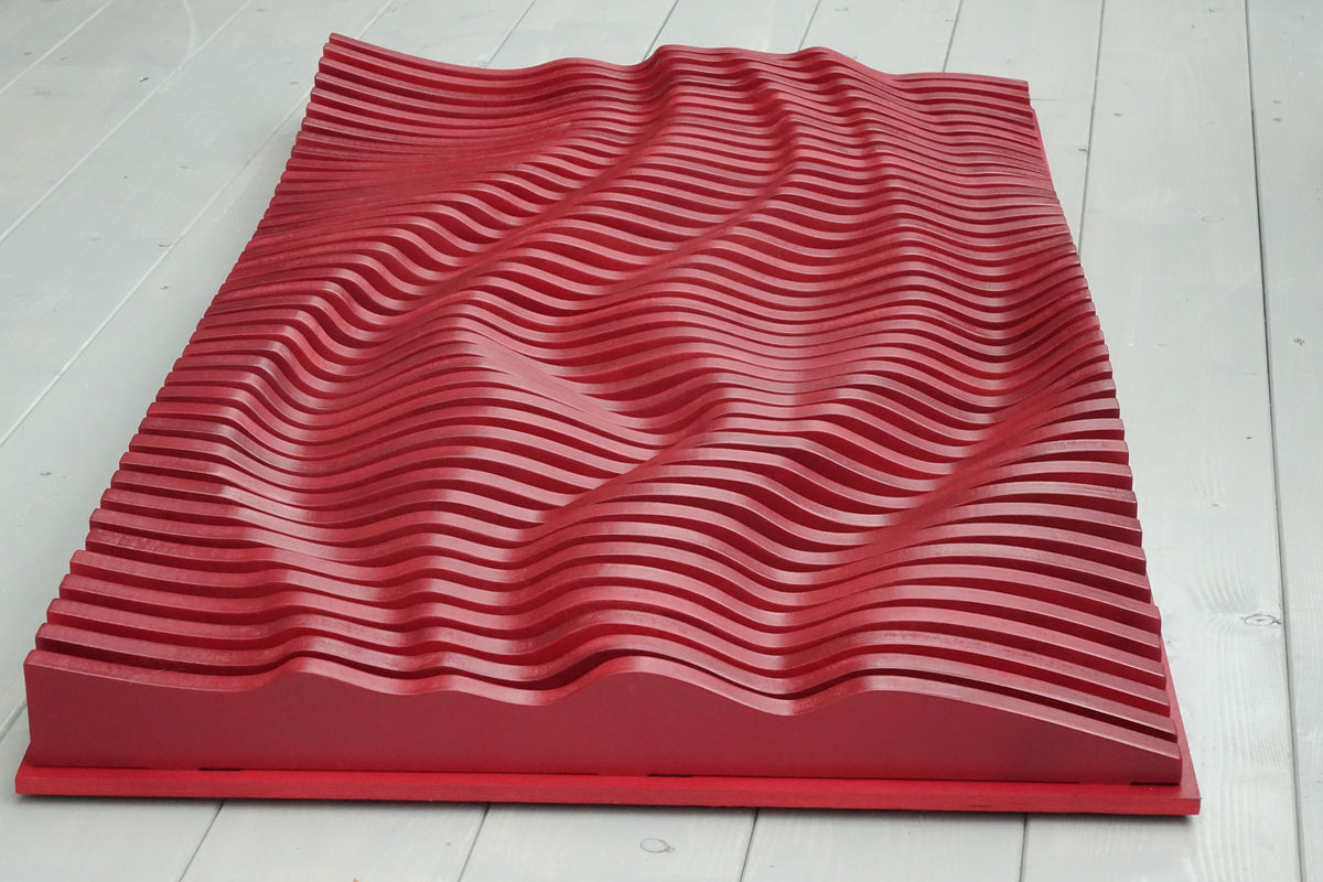 Red parametric wall art of wooden slats, wood sound diffuser, 3D wavy wall sculpture, geometric wall decor, large wall hanging