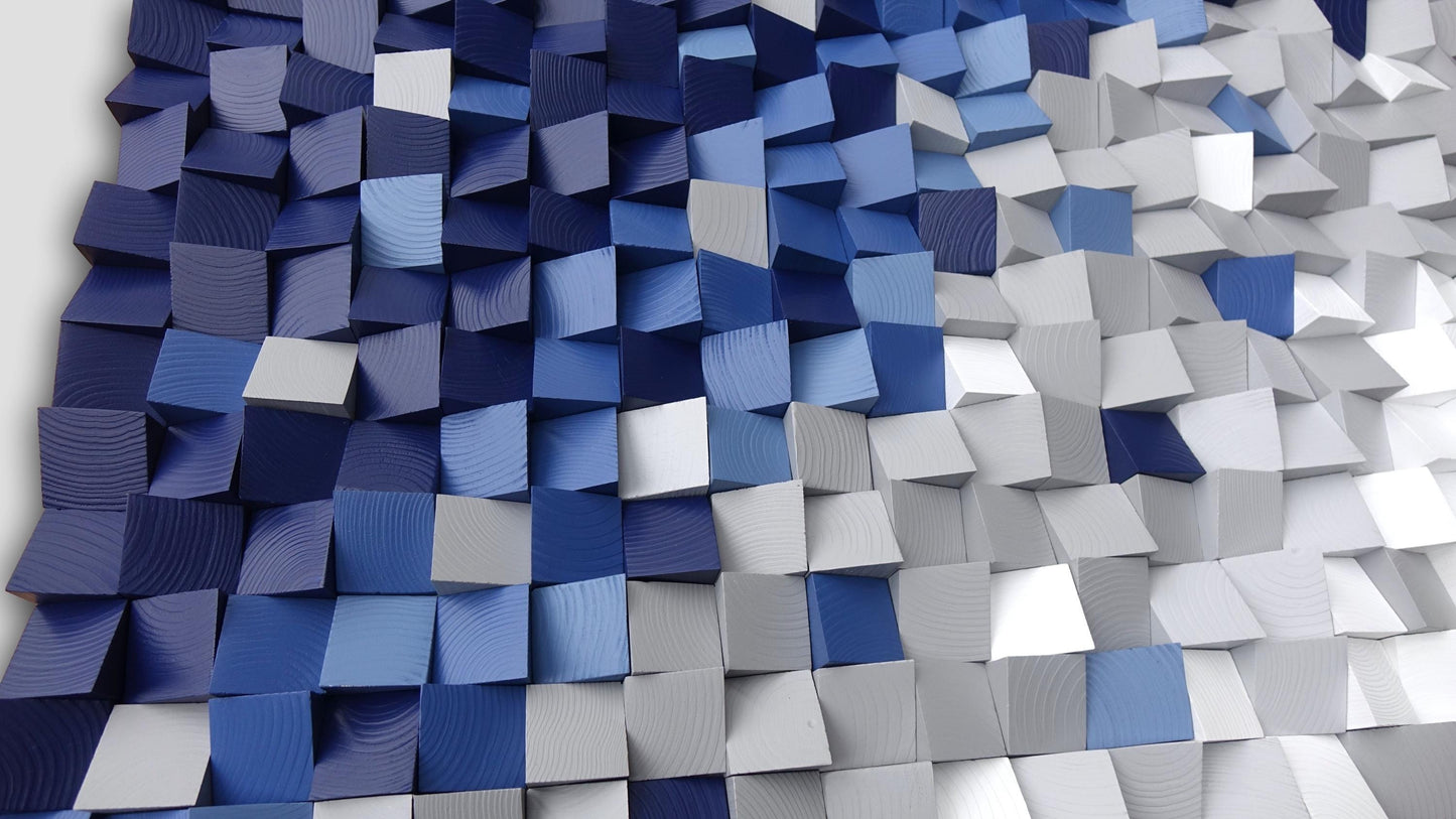 modern wood wall art, 3D wood wall art, modern Navy Blue and Gray Wall Decor, textured wooden wall hanging, blue and grey wall sculpture