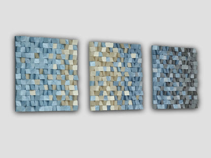 nautical wall art gold blue silver, coastal wood wall hanging, sea modern wood art, wooden sea style sound diffuser, artistic acustic panel