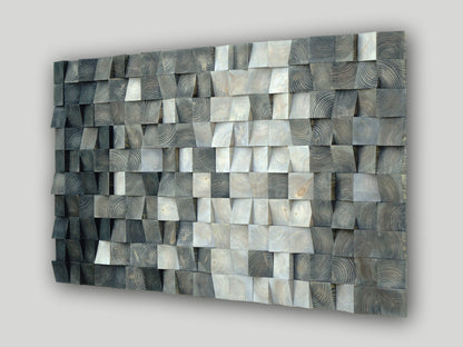 Wooden Mosaic Wall Art, Black White Grey Abstract Art, Sound diffuser, 3d Wall Art, Large Wood Wall Sculpture, Wooden Blocks Wall Hanging