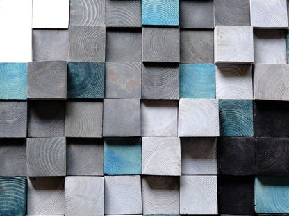 Modern Reclaimed Wood Wall Art Large, Textured Wooden Wall Art, Square Wood Mosaic Wall Hanging, Green White Silver Wood Acoustic Panel