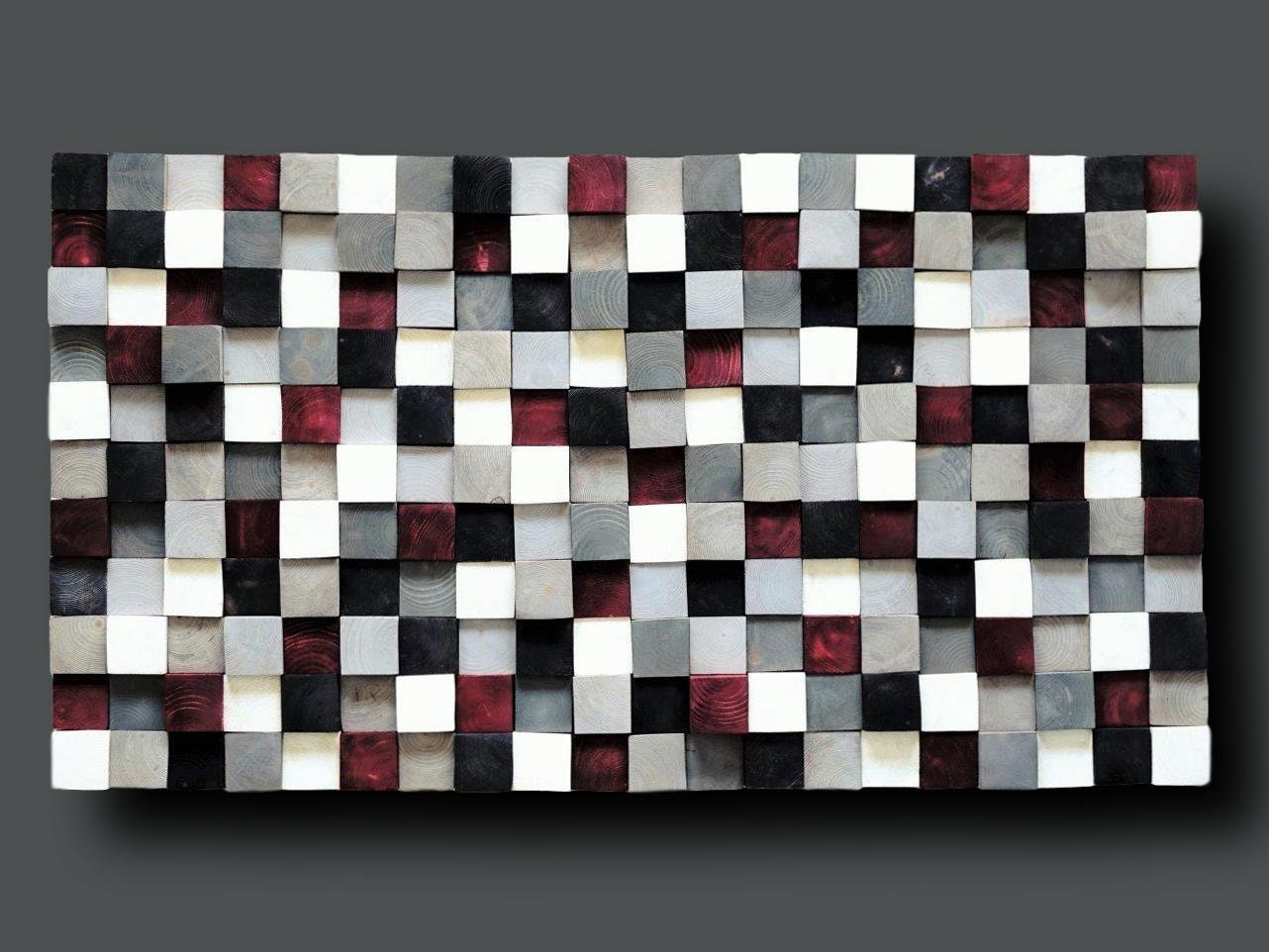 Modern Wood Wall Art, Hand Painted Pine Squares, Wooden Wall Art,Rustic Wood Wall Hanging, Shades of Gray, White, Black, Burgundy