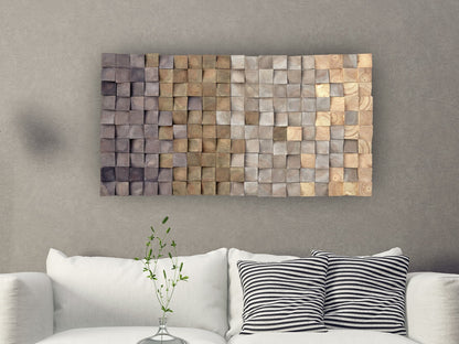 Modern Wooden Wall Art, Warm Earth Tones Wooden Blocks Mosaic Wall Hanging, Over the Bed Wall decor, Natural Wood Wall Art Large, Wood decor