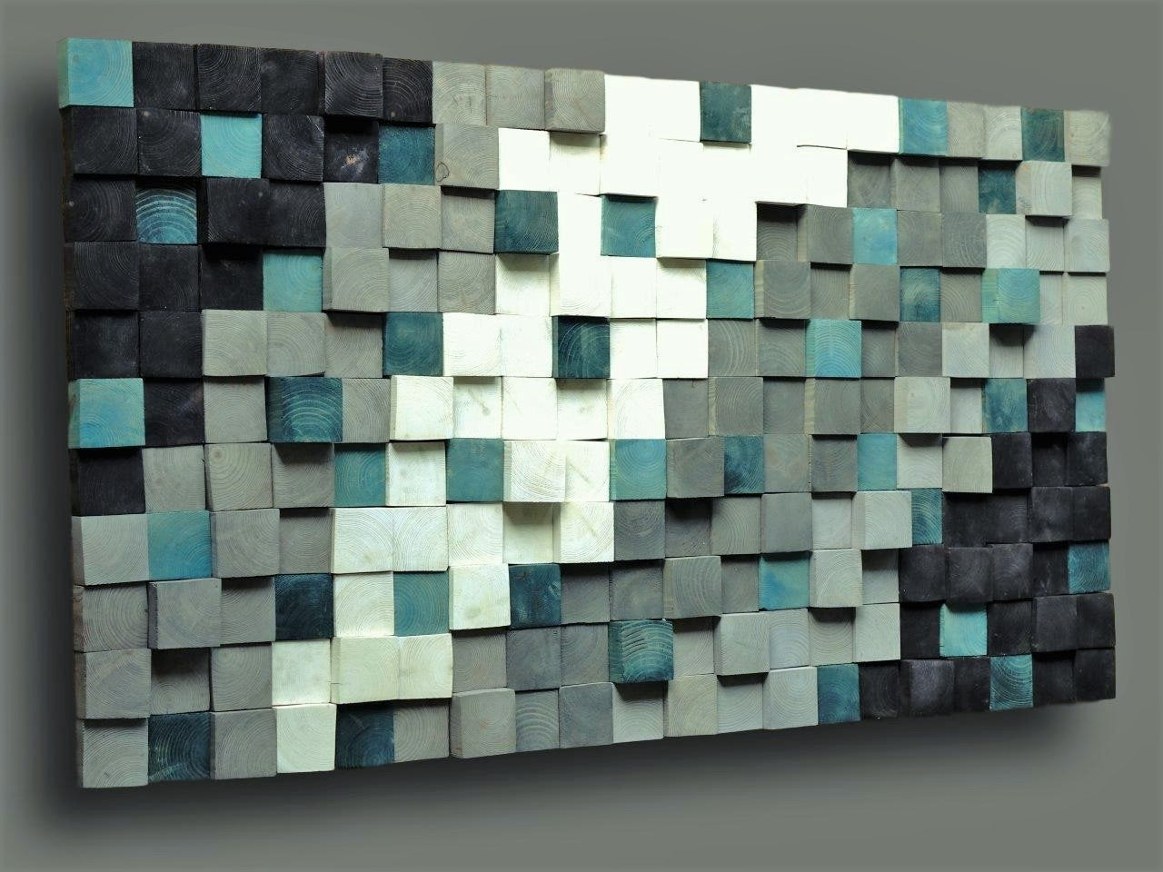 Modern Reclaimed Wood Wall Art Large, Textured Wooden Wall Art, Square Wood Mosaic Wall Hanging, Green White Silver Wood Acoustic Panel