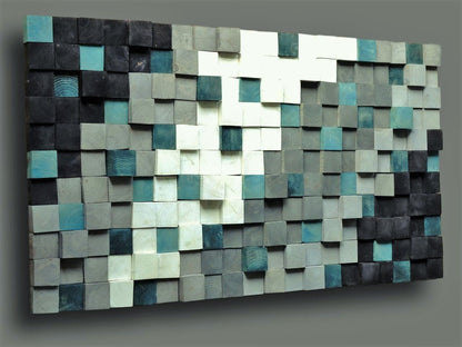 Modern Reclaimed Wood Wall Art Large, Textured Wooden Wall Art, Square Wood Mosaic Wall Hanging, Green White Silver Wood Acoustic Panel