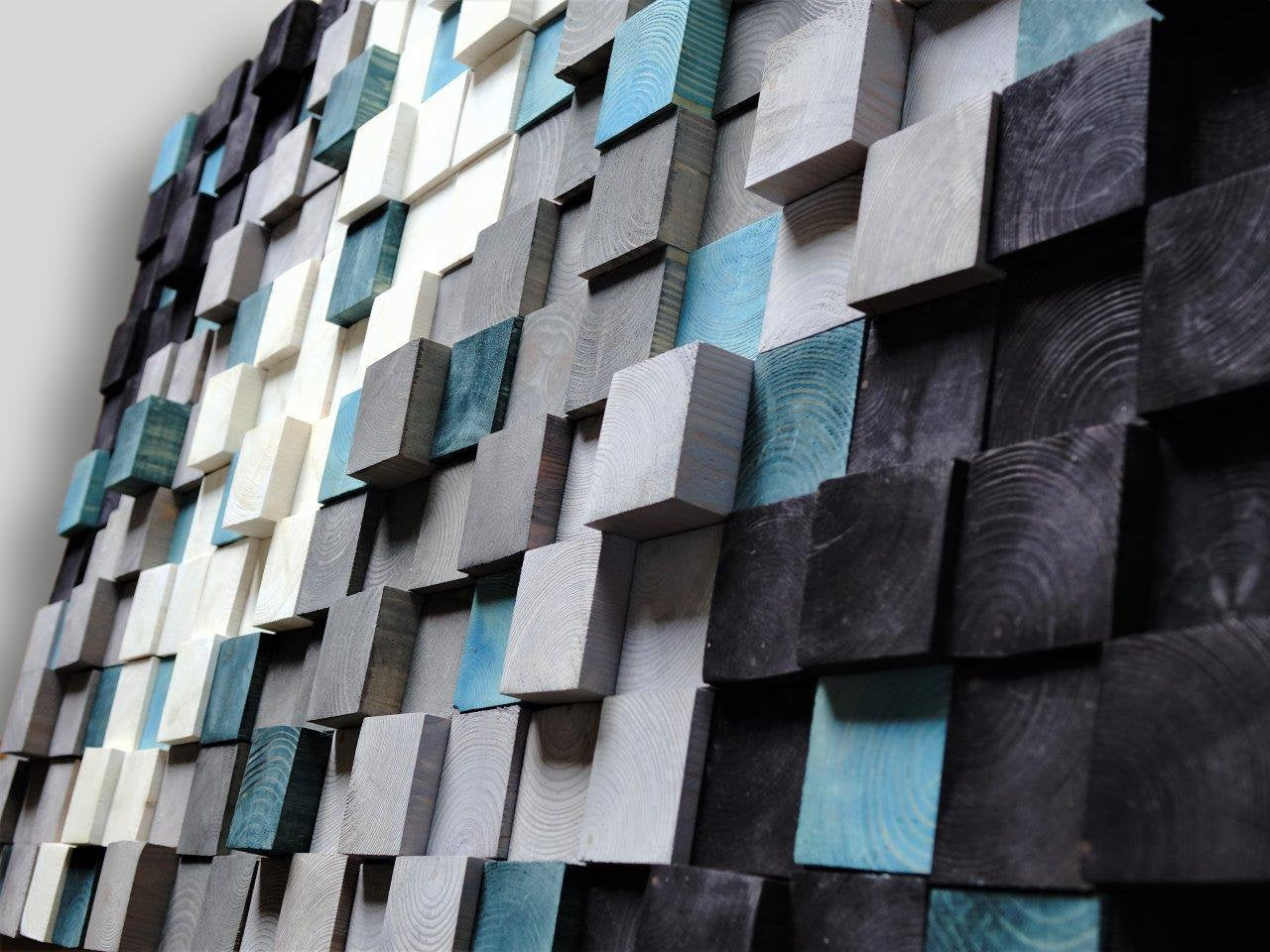 Modern Reclaimed Wood Wall Art Large, Textured Wooden Wall Art, Square Wood Mosaic Wall Hanging, Green White Silver Wood Acoustic Panel