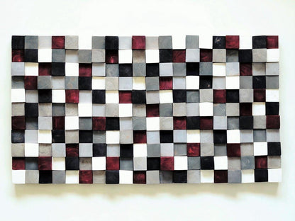 Modern Wood Wall Art, Hand Painted Pine Squares, Wooden Wall Art,Rustic Wood Wall Hanging, Shades of Gray, White, Black, Burgundy