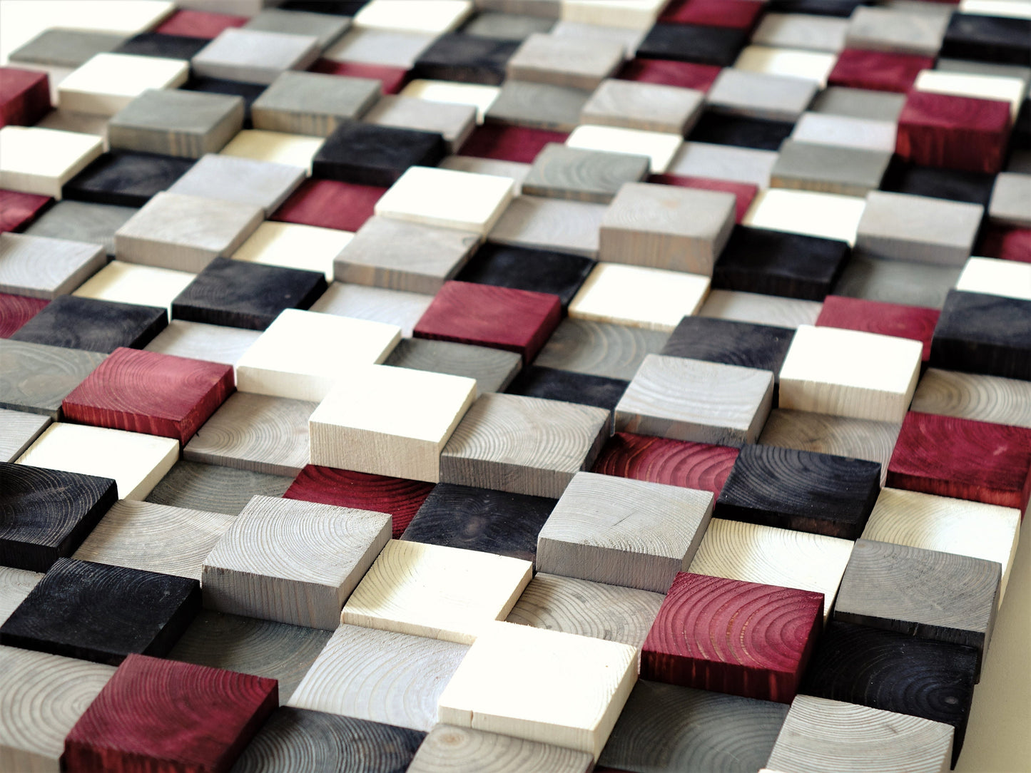 Modern Wood Wall Art, Hand Painted Pine Squares, Wooden Wall Art,Rustic Wood Wall Hanging, Shades of Gray, White, Black, Burgundy