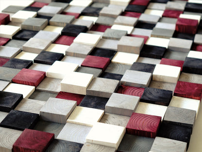 Modern Wood Wall Art, Hand Painted Pine Squares, Wooden Wall Art,Rustic Wood Wall Hanging, Shades of Gray, White, Black, Burgundy