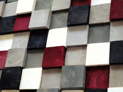 Modern Wood Wall Art, Hand Painted Pine Squares, Wooden Wall Art,Rustic Wood Wall Hanging, Shades of Gray, White, Black, Burgundy