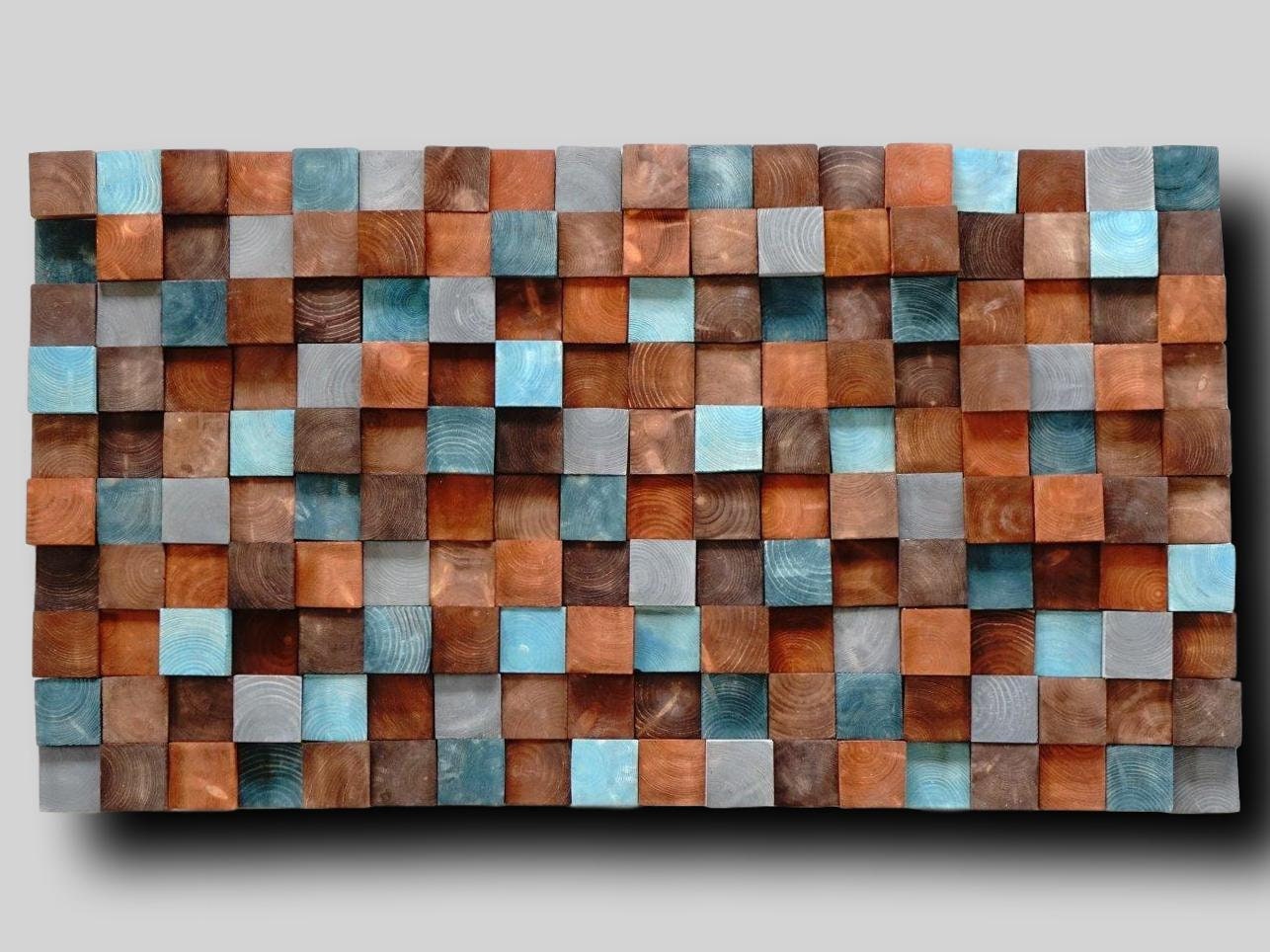 Textured Wooden Wall Art, Mosaic Wall Hanging, contemporart Blue Brown Wooden Wall Art, brown gray turquoise dimensional modern wall decor