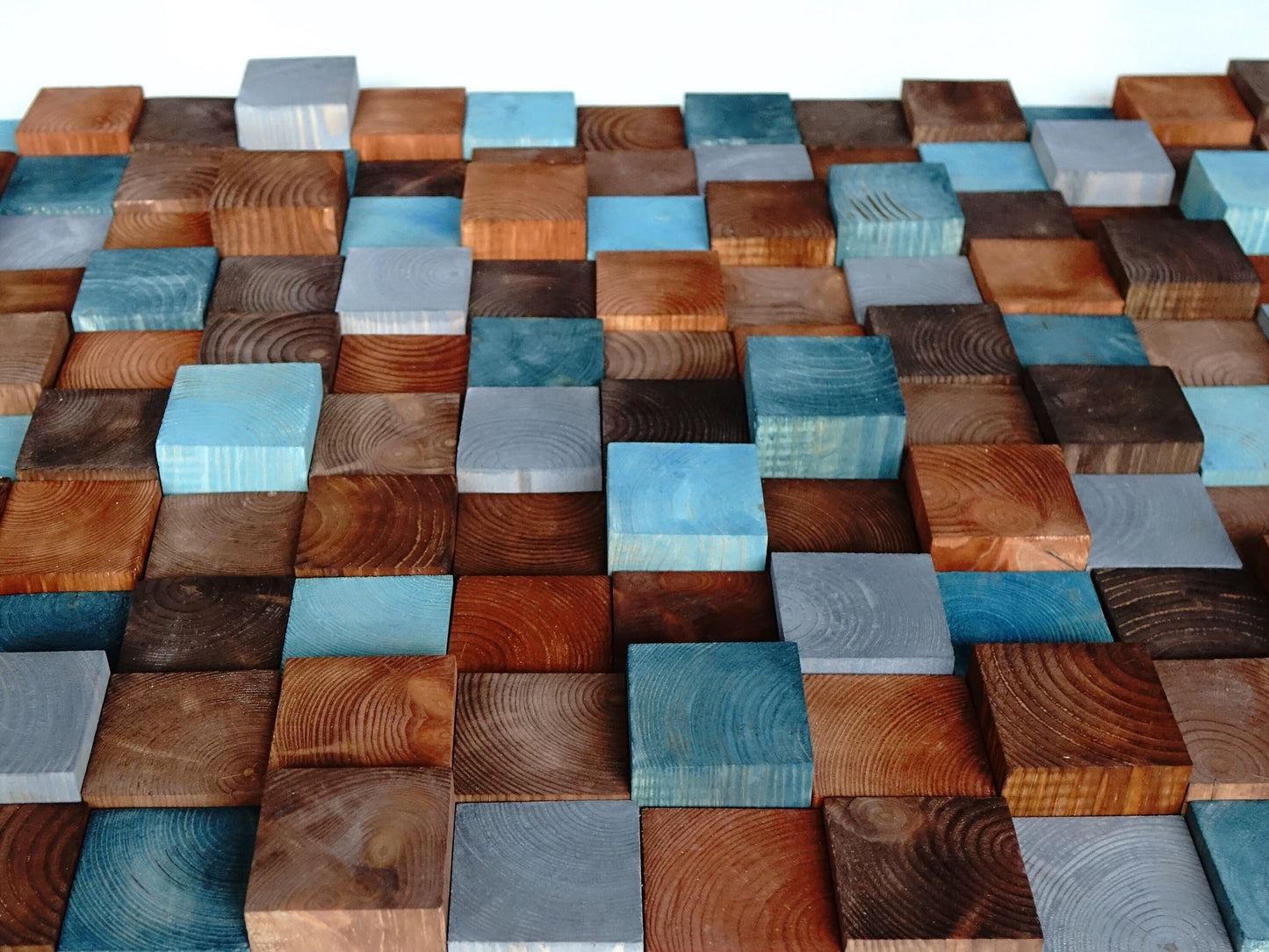 brown gray turquoise dimensional Wooden Mosaic, Textured Wooden Mosaic Wall Hanging, Modern Wood Decor Blue Brown, Modern Wooden Wall Art