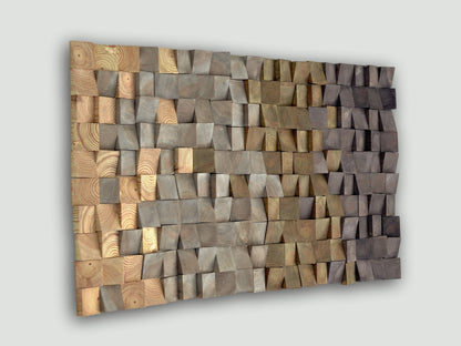 3D wood wall art, mosaic wall hanging,textured wood wall art, wood wall decor grey brown, modern wooden wall art, CP