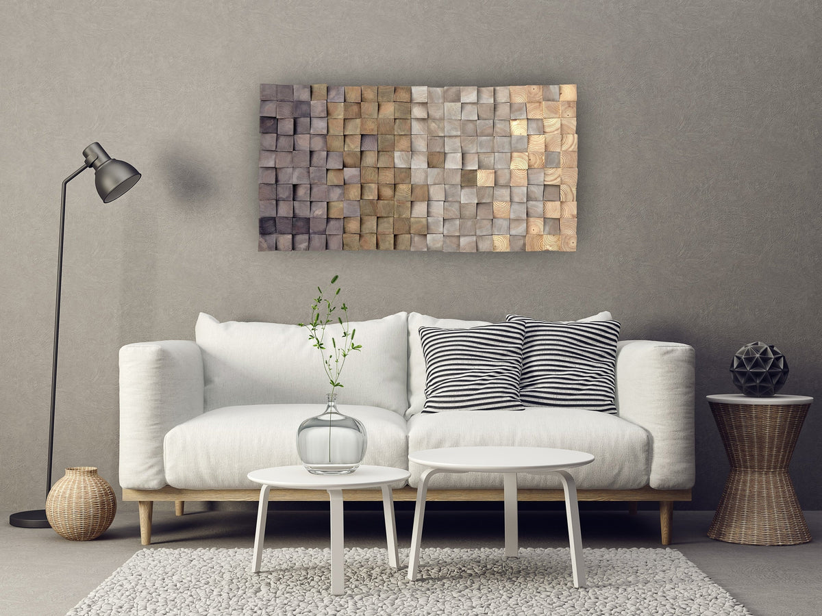 3D wood wall art, mosaic wall hanging,textured wood wall art, wood wall decor grey brown, modern wooden wall art, CP