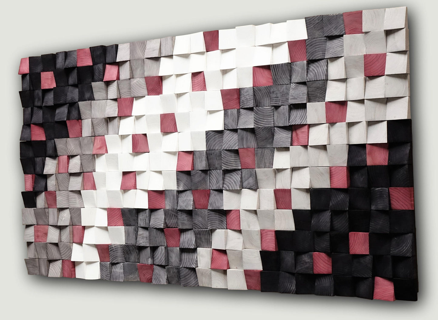 3D Wooden Mosaic Wall Art, Geometric Wood Wall Art, Bedroom Wall Decor Over the Bed, Modern Large wall sculpture Black Green White Silver