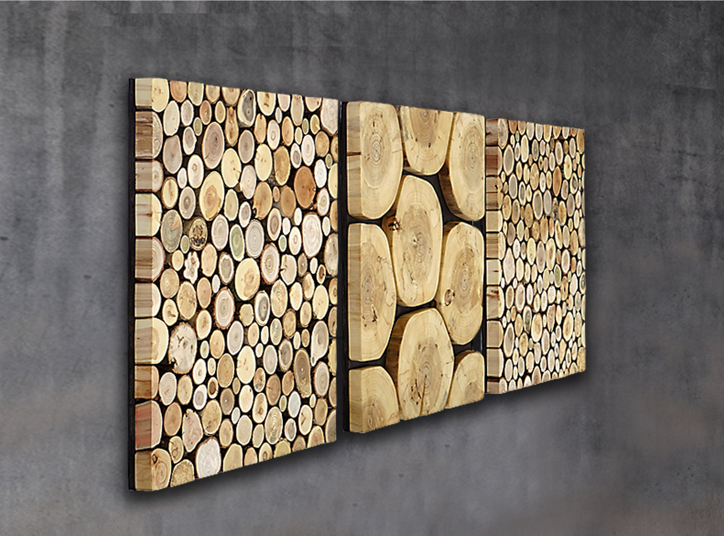 tree slab wall art set of 3, three piece large triptych wall panels of tree slices, 3 piece wall art, environmental wood wall decor large