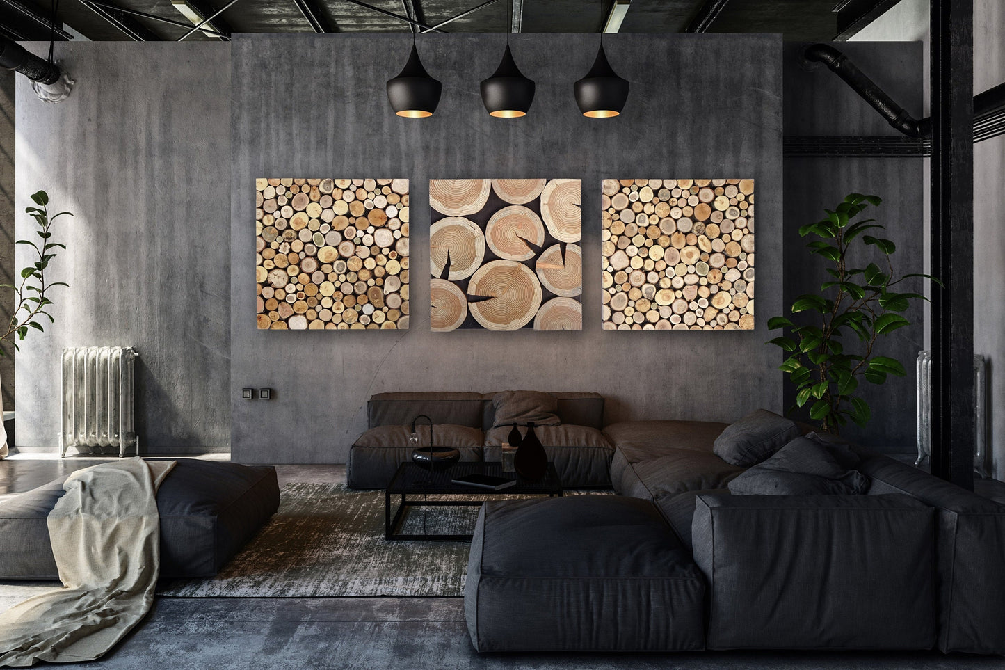tree slab wall art set of 3, three piece large triptych wall panels of tree slices, 3 piece wall art, environmental wood wall decor large