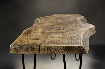 burned wood coffee table, charred wood live edge couch table uk, hairpin legs dining bench, accent table, natural living room eating bench