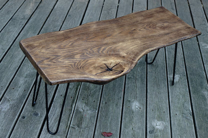 burned wood coffee table, charred wood live edge couch table uk, hairpin legs dining bench, accent table, natural living room eating bench