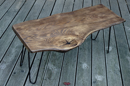 charred wood coffee table, live edge low table uk, hairpin legs dining bench, burned wood accent table, natural living room eating bench