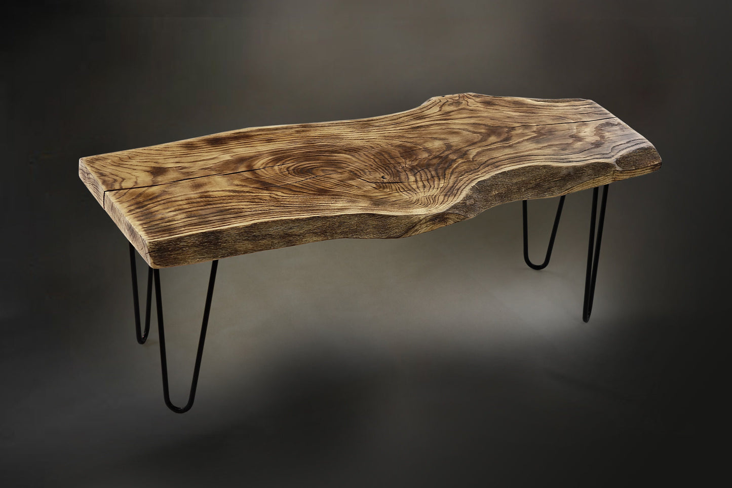 charred wood coffee table, live edge low table uk, hairpin legs dining bench, burned wood accent table, natural living room eating bench