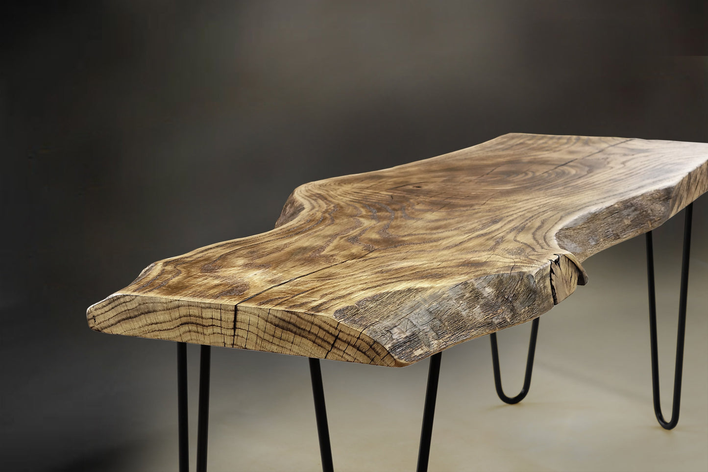 burned wood coffee table, charred wood live edge couch table uk, hairpin legs dining bench, accent table, natural living room eating bench