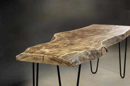 burned wood coffee table, charred wood live edge couch table uk, hairpin legs dining bench, accent table, natural living room eating bench
