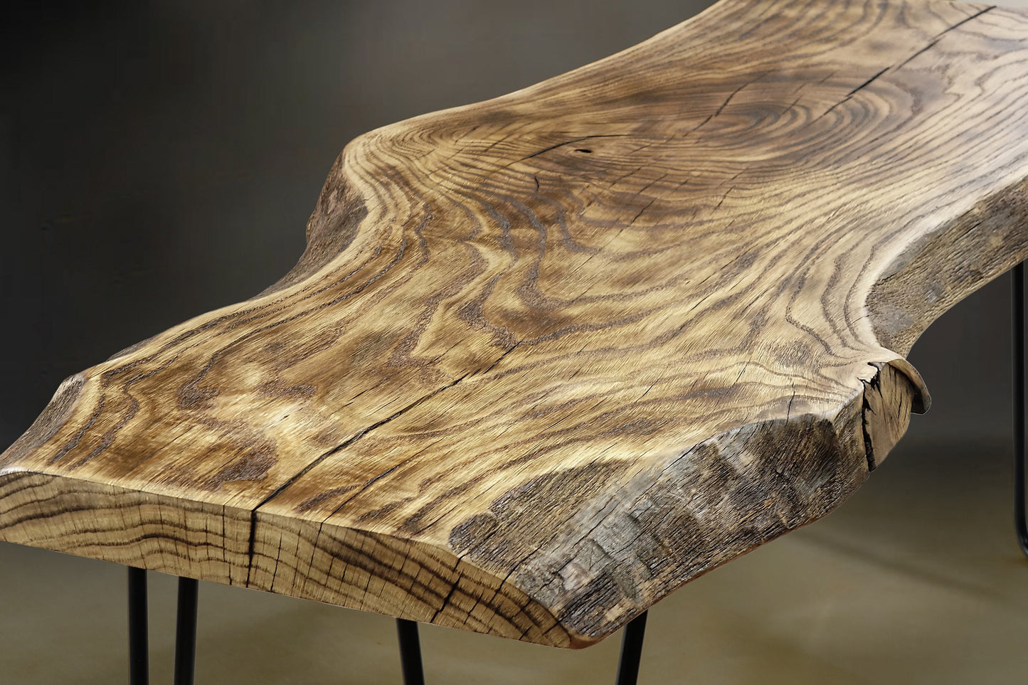 burned wood coffee table, charred wood live edge couch table uk, hairpin legs dining bench, accent table, natural living room eating bench