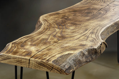 burned wood coffee table, charred wood live edge couch table uk, hairpin legs dining bench, accent table, natural living room eating bench