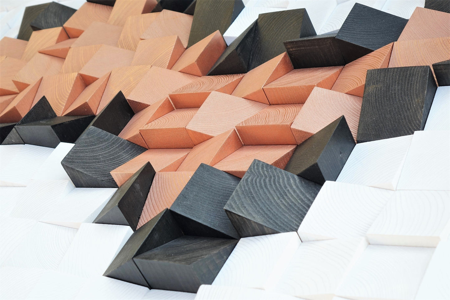 Metallic copper black white wood wall art, geometric wall mosaic, wooden block 3d wall art, mosaic wall hanging, abstract wooden wall decor