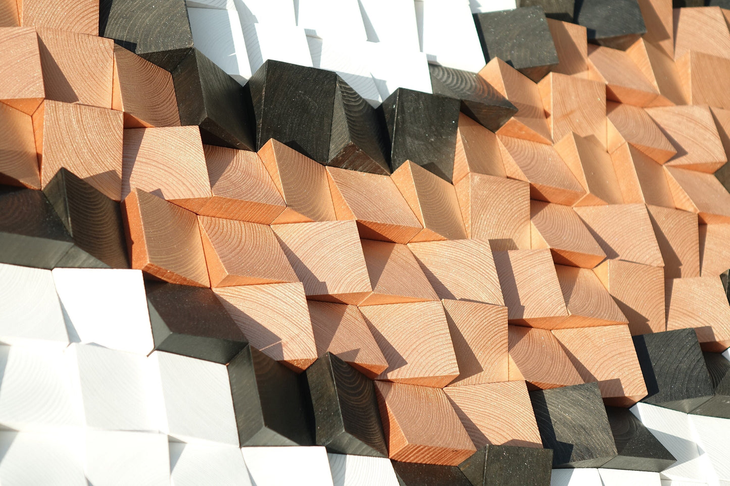 Metallic copper black white wood wall art, geometric wall mosaic, wooden block 3d wall art, mosaic wall hanging, abstract wooden wall decor