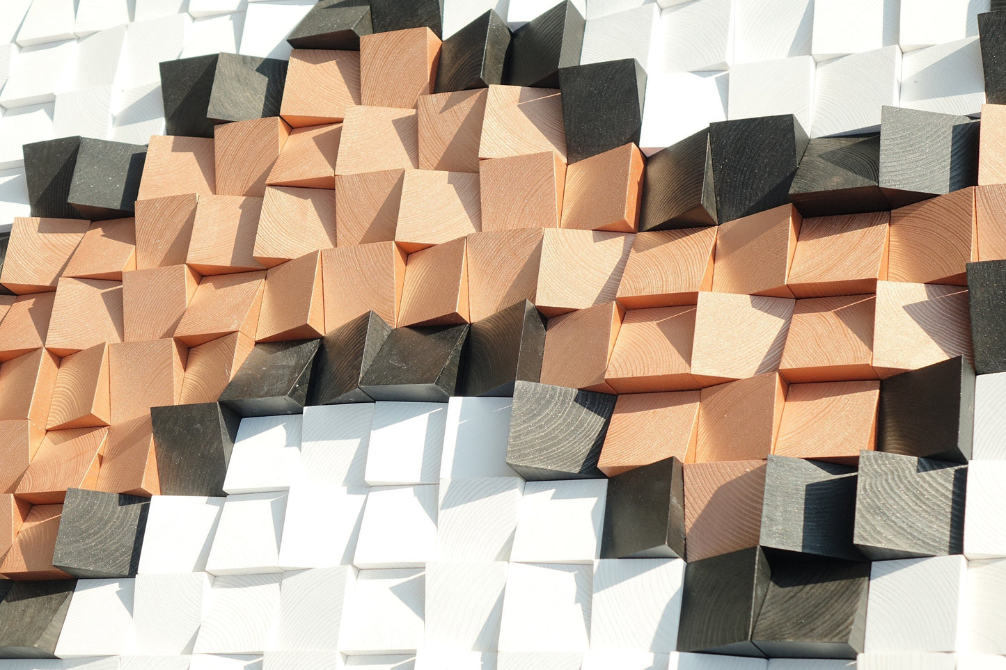 Metallic copper black white wood wall art, geometric wall mosaic, wooden block 3d wall art, mosaic wall hanging, abstract wooden wall decor
