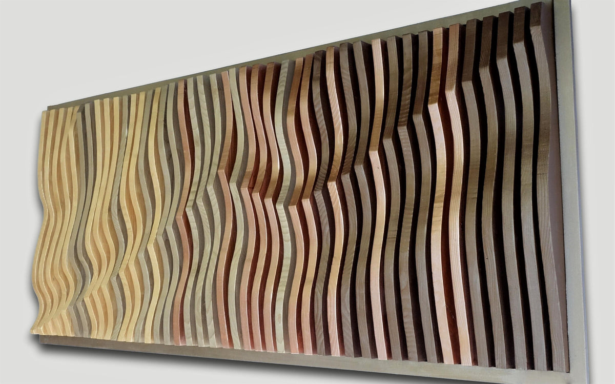 gold and copper 3D wall art, parametric wood wall art, wall sculpture, headboard idea, wood wall panel, wavy wall decor, wood sound diffuser
