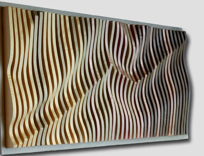 gold and copper 3D wall art, parametric wood wall art, wall sculpture, headboard idea, wood wall panel, wavy wall decor, wood sound diffuser