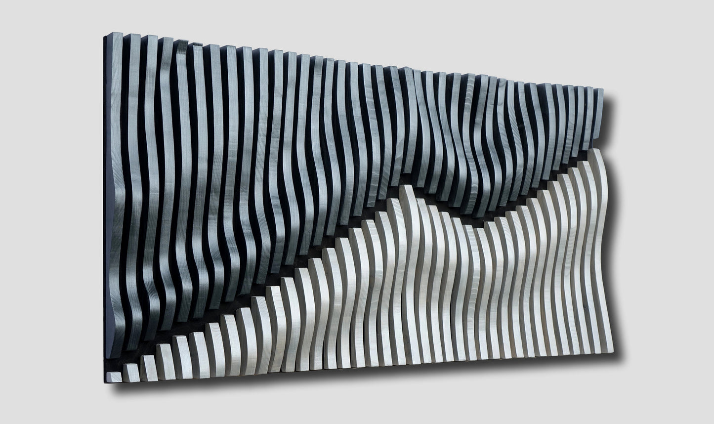 parametric wall art, wavy wooden wall art, parametric panel, 3D wood wall decor, wooden headboard, black and white wall art, sound diffuser