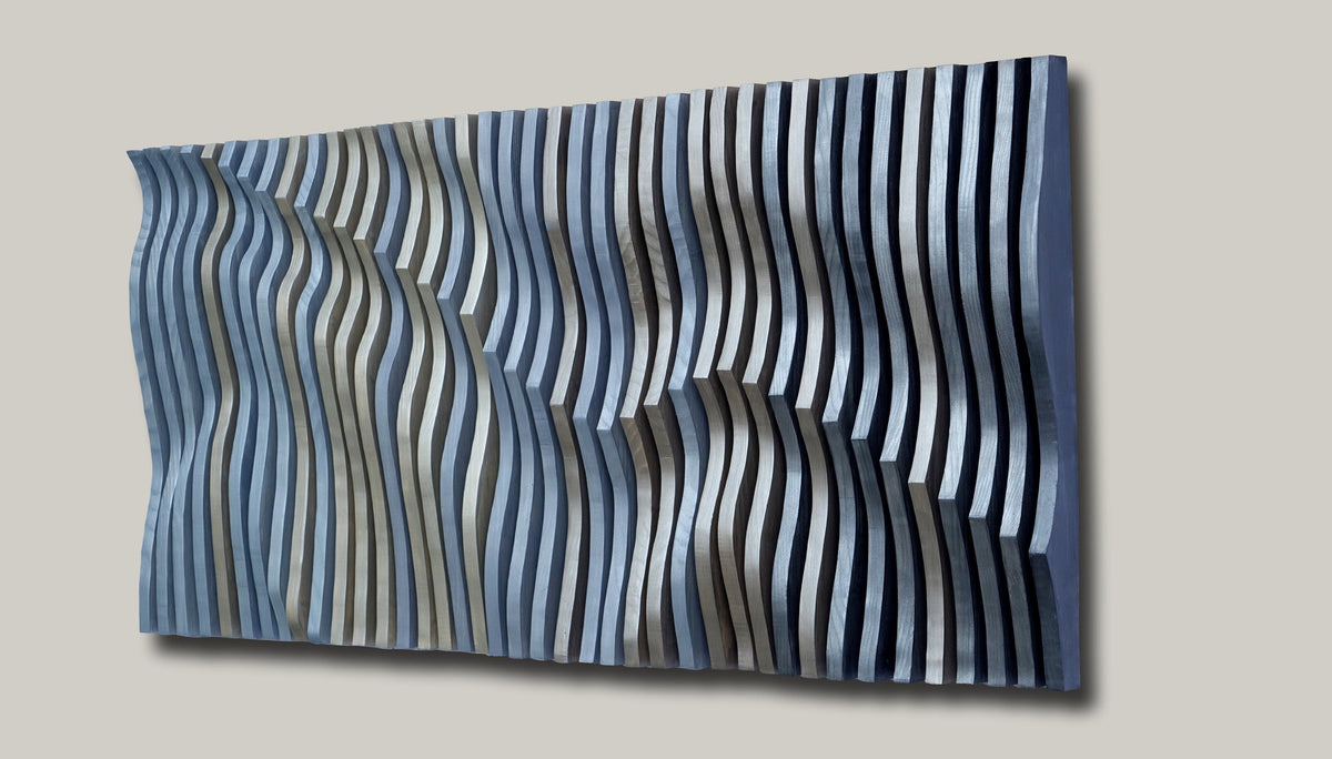 blue and silver 3D wall art, parametric wood wall art, wall sculpture, headboard idea, wood wall panel, wavy wall decor, wood sound diffuser