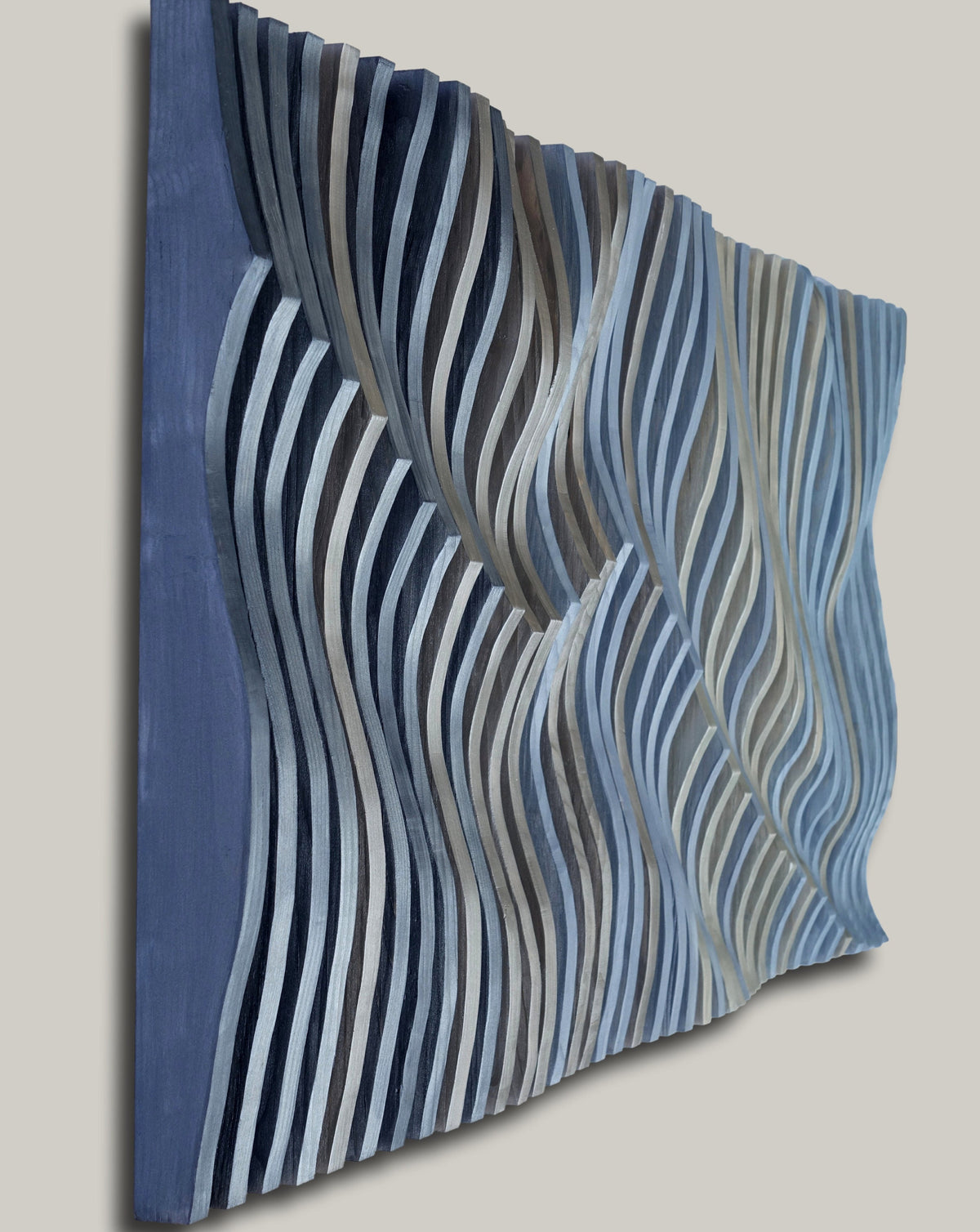 blue and silver 3D wall art, parametric wood wall art, wall sculpture, headboard idea, wood wall panel, wavy wall decor, wood sound diffuser