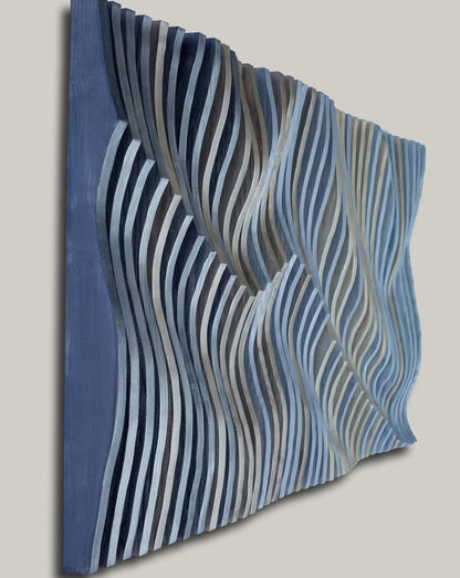 blue and silver 3D wall art, parametric wood wall art, wall sculpture, headboard idea, wood wall panel, wavy wall decor, wood sound diffuser