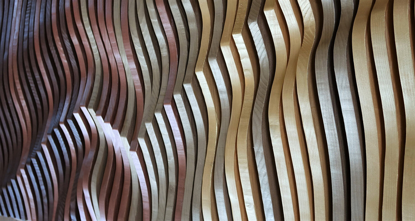 gold and copper 3D wall art, parametric wood wall art, wall sculpture, headboard idea, wood wall panel, wavy wall decor, wood sound diffuser