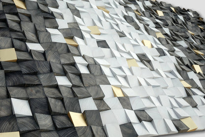 Grey and gold 3d wall art, wood wall panel, sound diffuser, acoustic panel, wood wall sculpture, wooden blocks wall hanging
