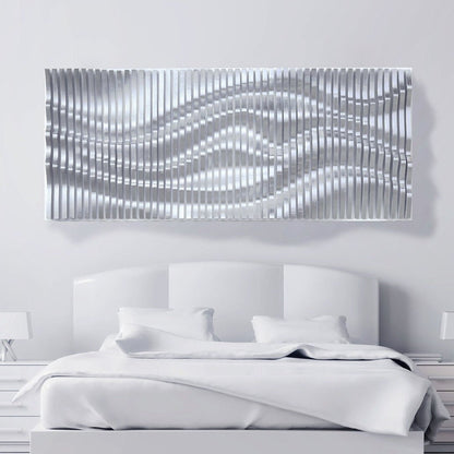 Décor mural en bois ondulé argenté composé de lattes, panneau mural acoustique, sculpture murale 3d, pièce murale paramétrique contemporaine