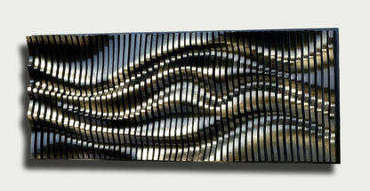 gold black parametric wall panel, wavy wall art of wooden slats, wooden sound diffuser, 3d wall sculpture, geometric wall hanging large